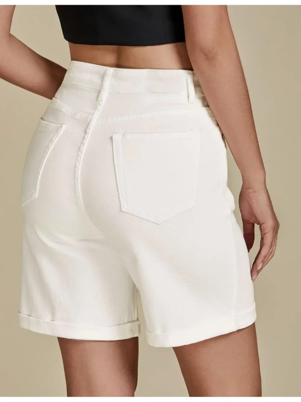 Women's White High Waisted Fold Hem Stretchy 5 Basic Pocket Long Denim Shorts